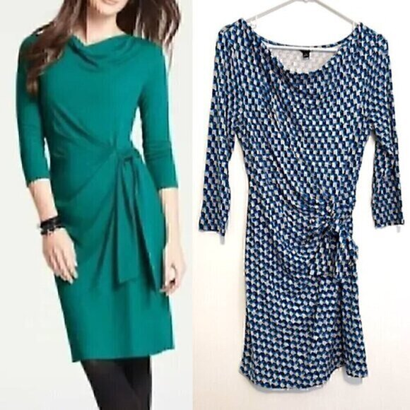 ANN TAYLOR Geo Print Side Tie Jersey Dress Blue Gray 3/4 Sleeve Office S ALTERED - Picture 1 of 13